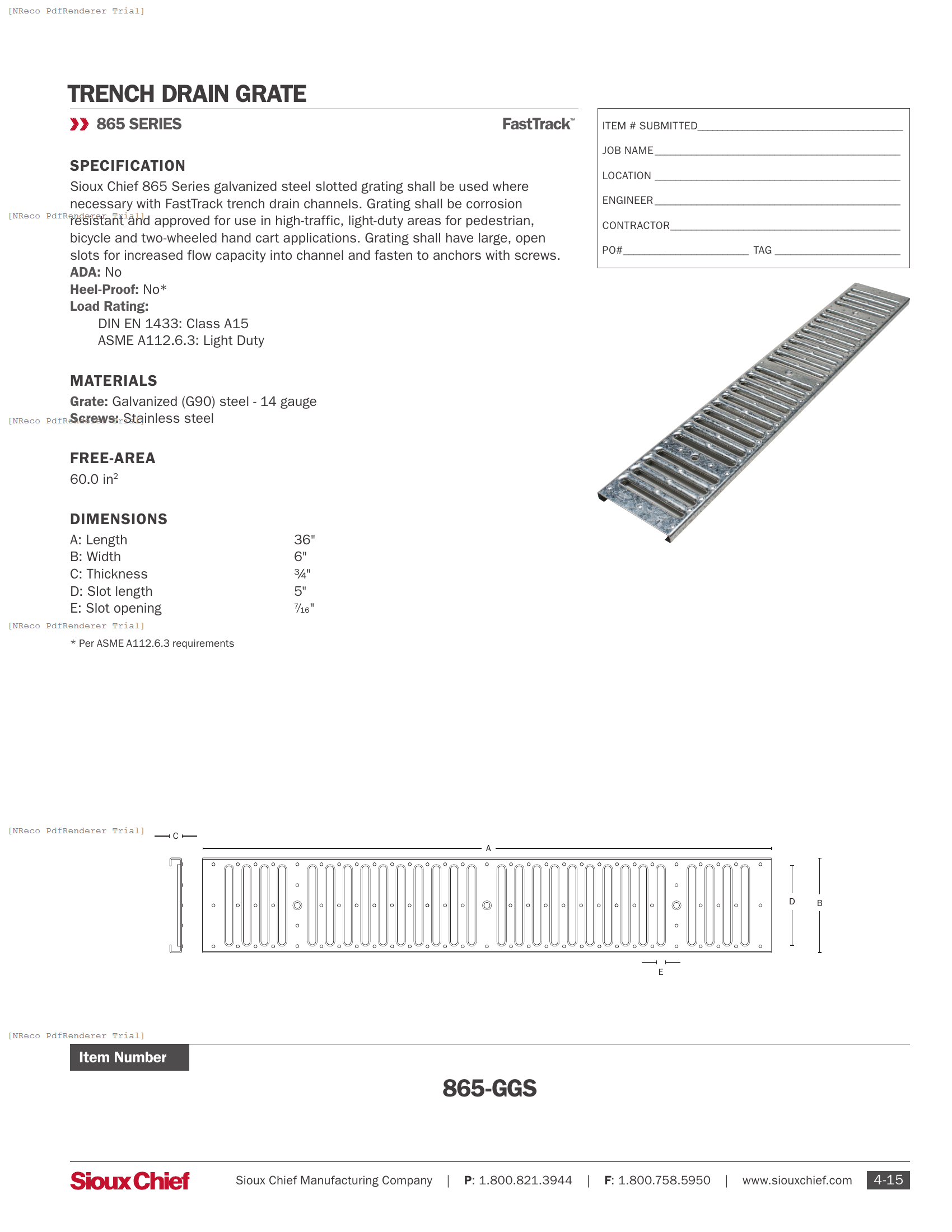 865-GGS - FASTTRACK GALVANIZED SLOTTED GRATE - SPEC SHEET.PDF Specification Document